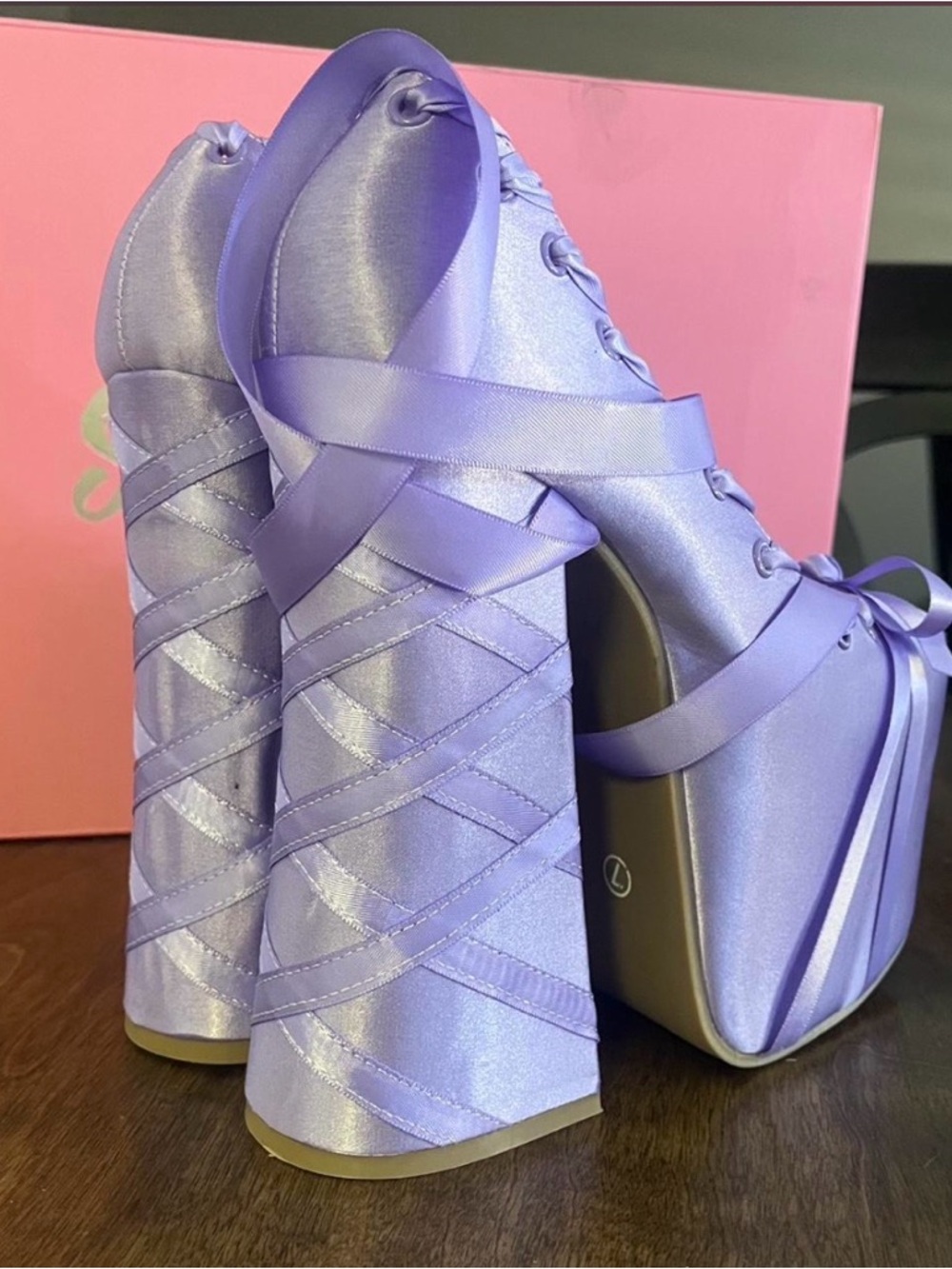 Rare - Sugar Thrillz Lavender Satin Platform Heels - Picture 3 of 4
